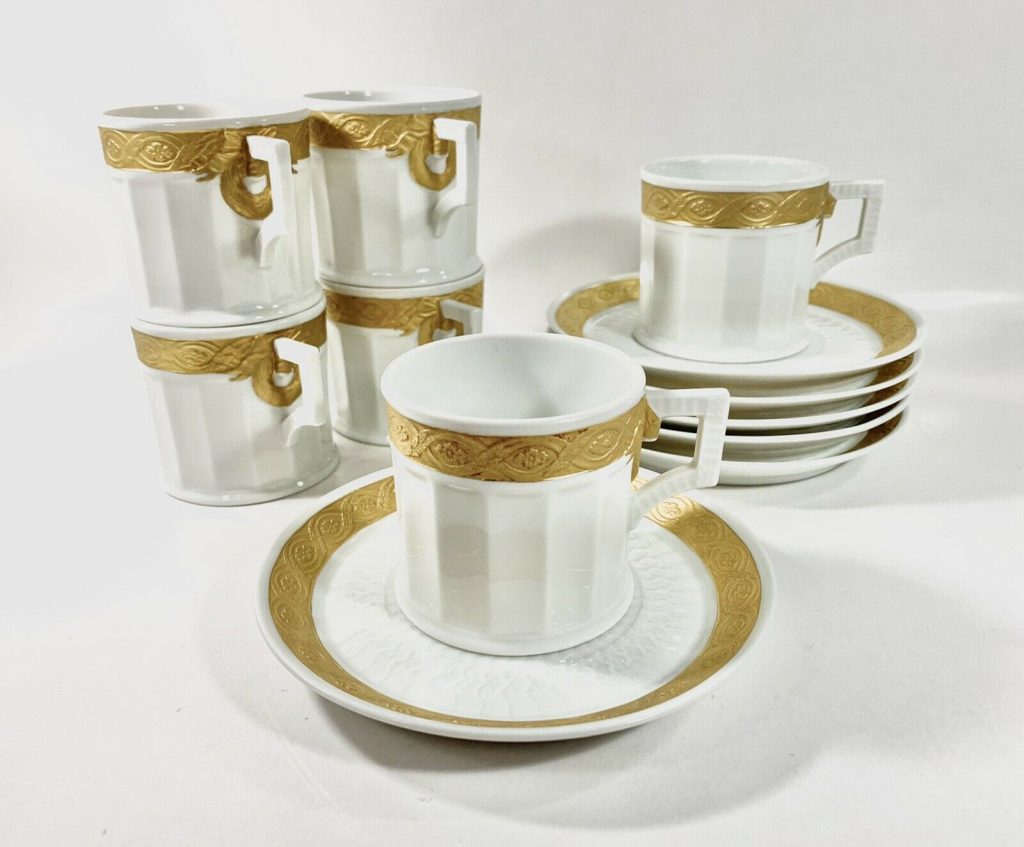 6x Royal Copenhagen Gold Fan 11548 Demitasse Cup & Saucer