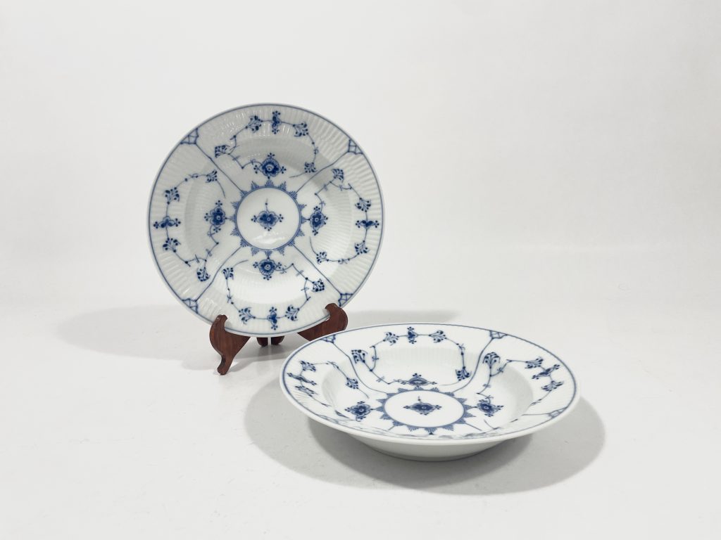 2x Royal Copenhagen Blue Fluted Plain 169 Deep Plates Soup Pasta Bowls 1923 20cm