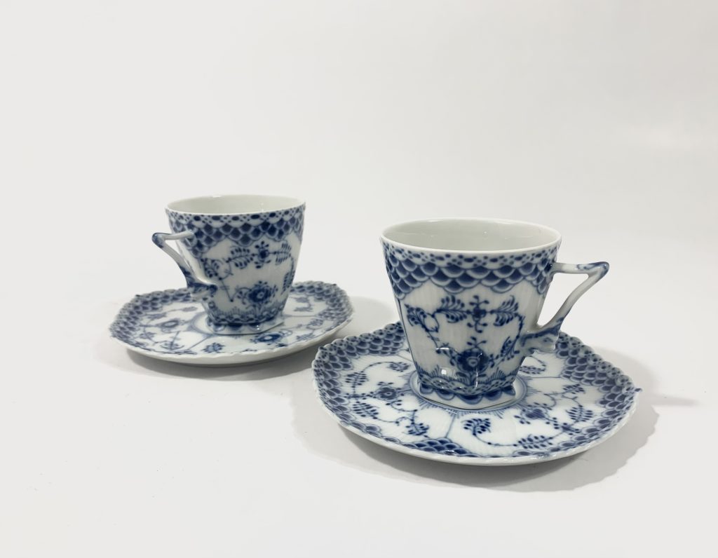 2x Royal Copenhagen Blue Fluted Full Lace 1036 Cups & Saucers Set