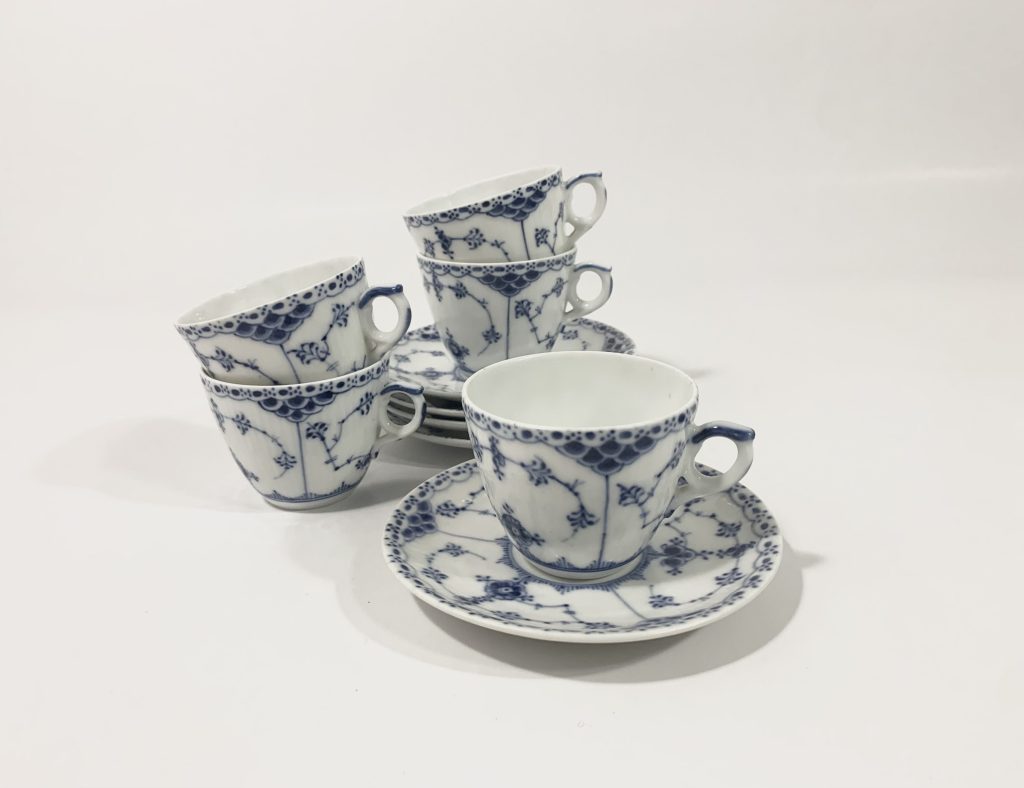 5x Royal Copenhagen Blue Fluted Half Lace 719 Coffee Cups Set 1923 - 1934