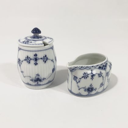 Royal Copenhagen Blue Fluted Half Lace Plain 137 Mustard Jar & 686 CreamerDefect