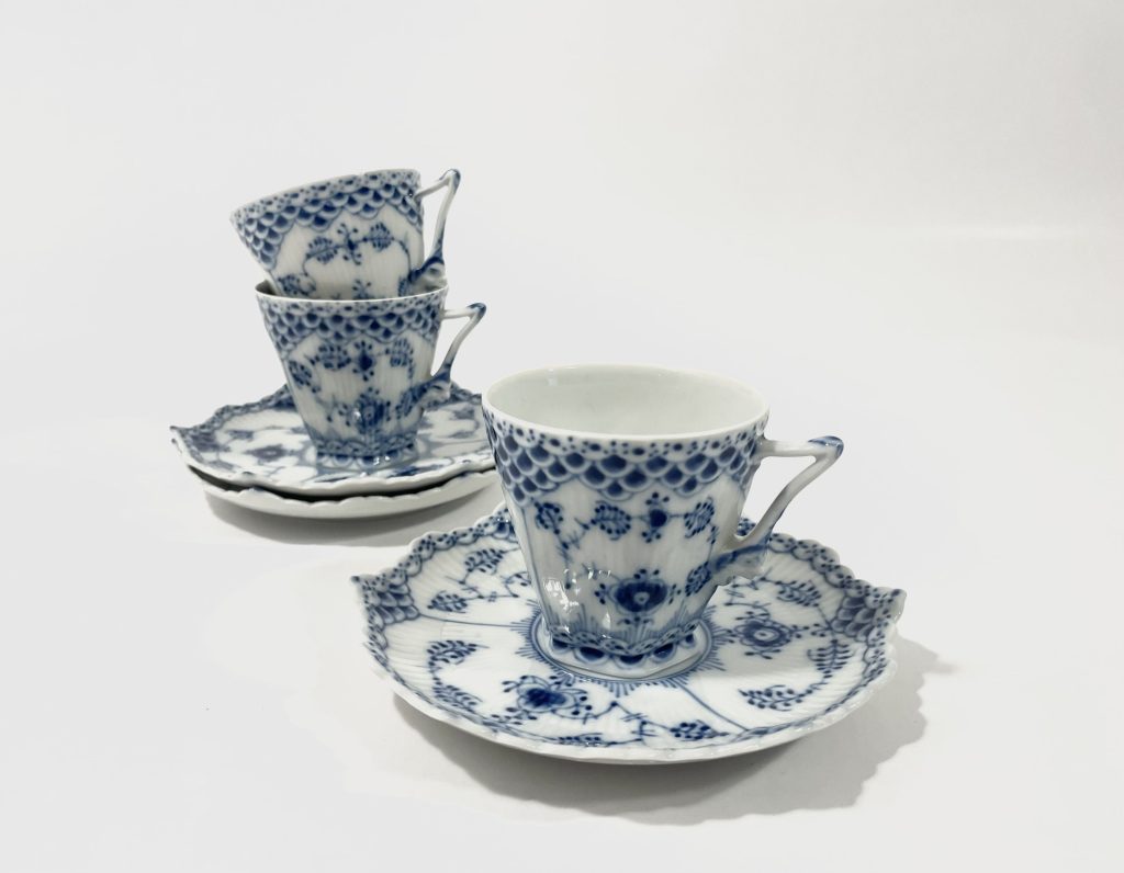 3x Royal Copenhagen Blue Fluted Full Lace 1036 Cups & Saucers Set