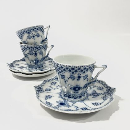 3x Royal Copenhagen Blue Fluted Full Lace 1036 Cups & Saucers Set