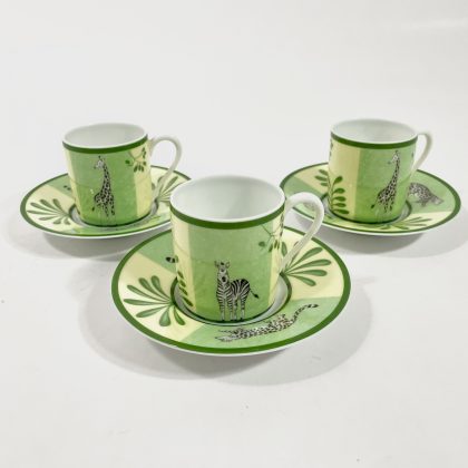 3x Hermes Africa Green Demitasse Espresso Coffee Cup and Saucer