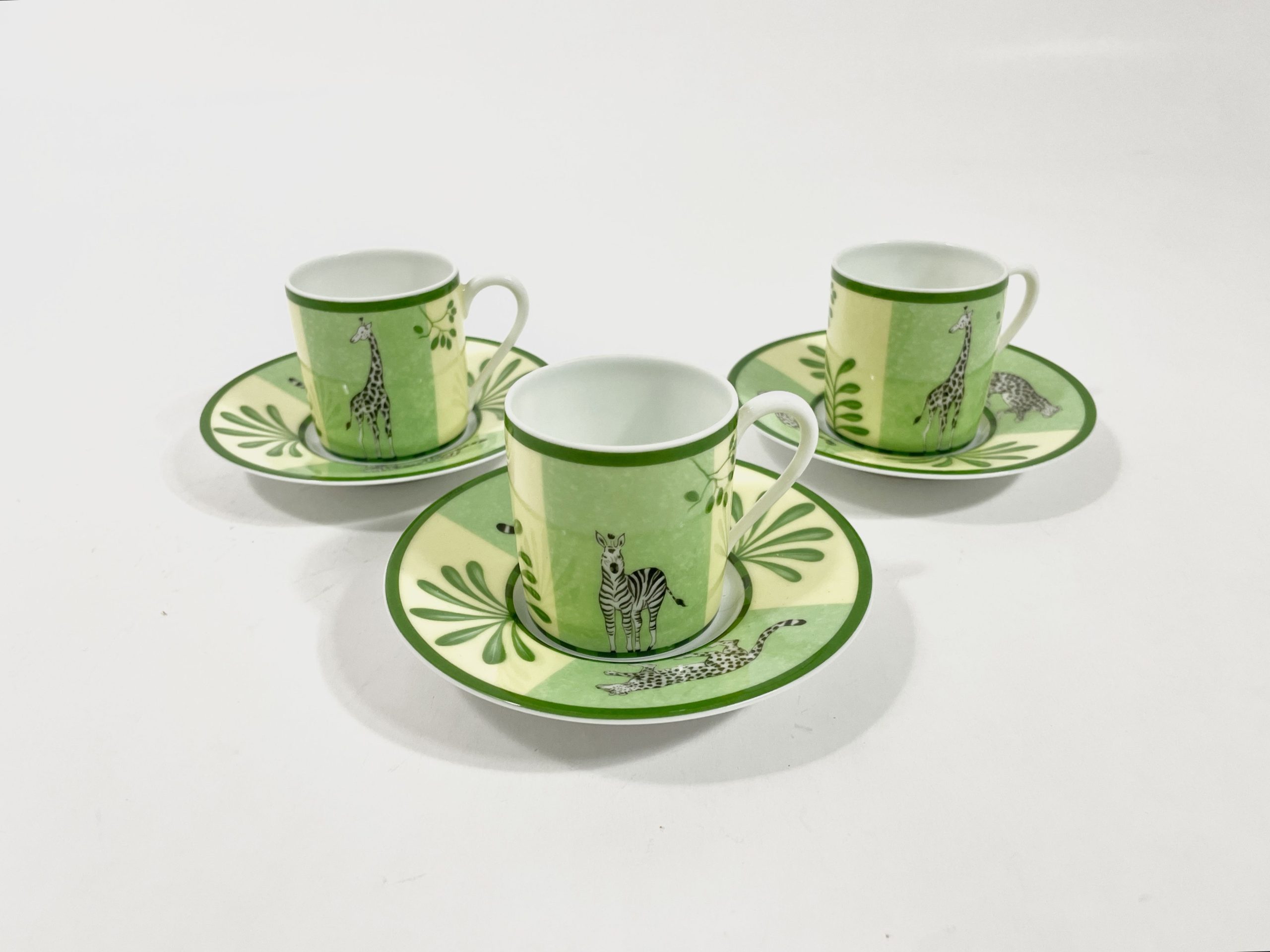 3x Hermes Africa Green Demitasse Espresso Coffee Cup and Saucer