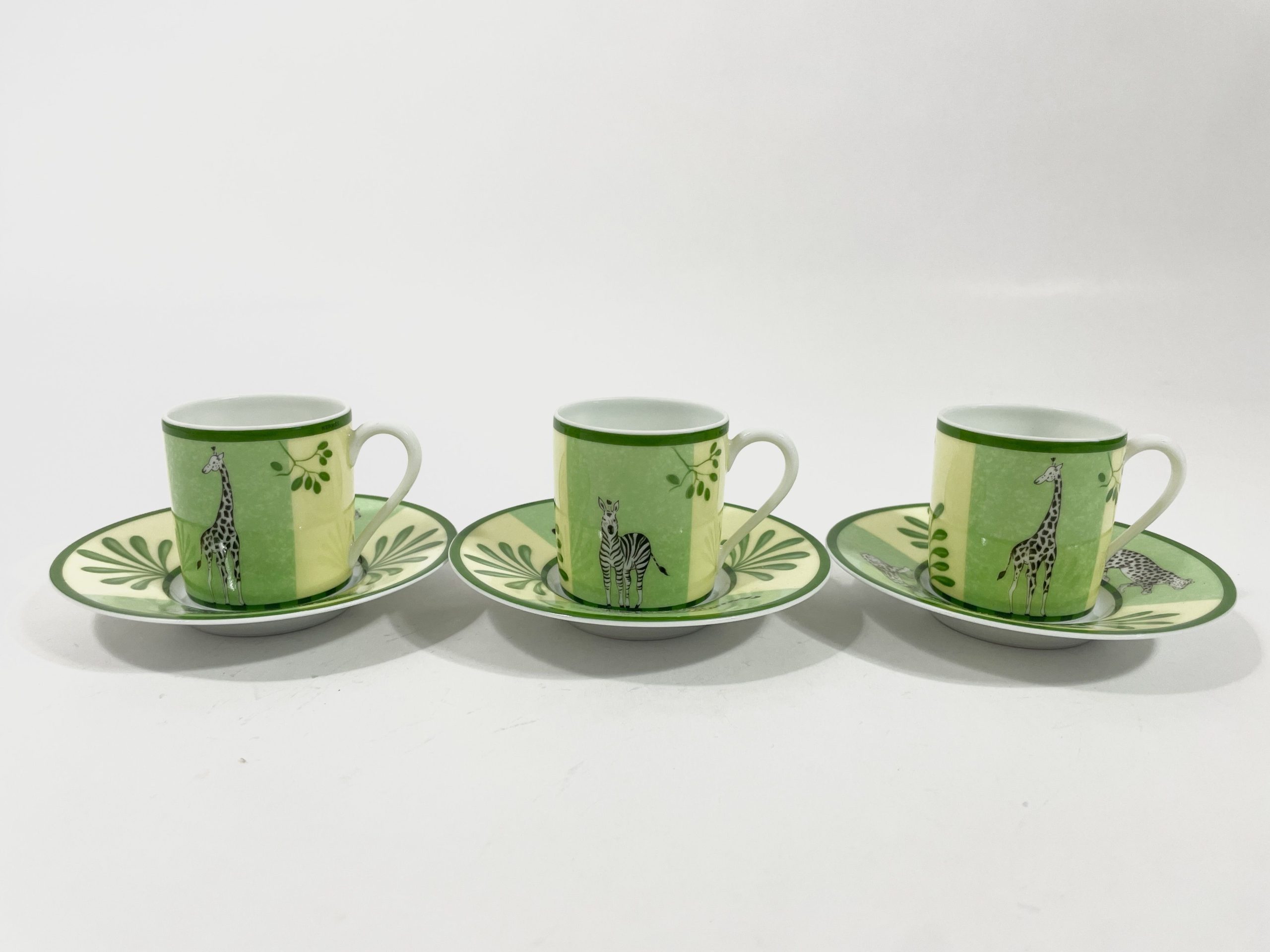 3x Hermes Africa Green Demitasse Espresso Coffee Cup and Saucer