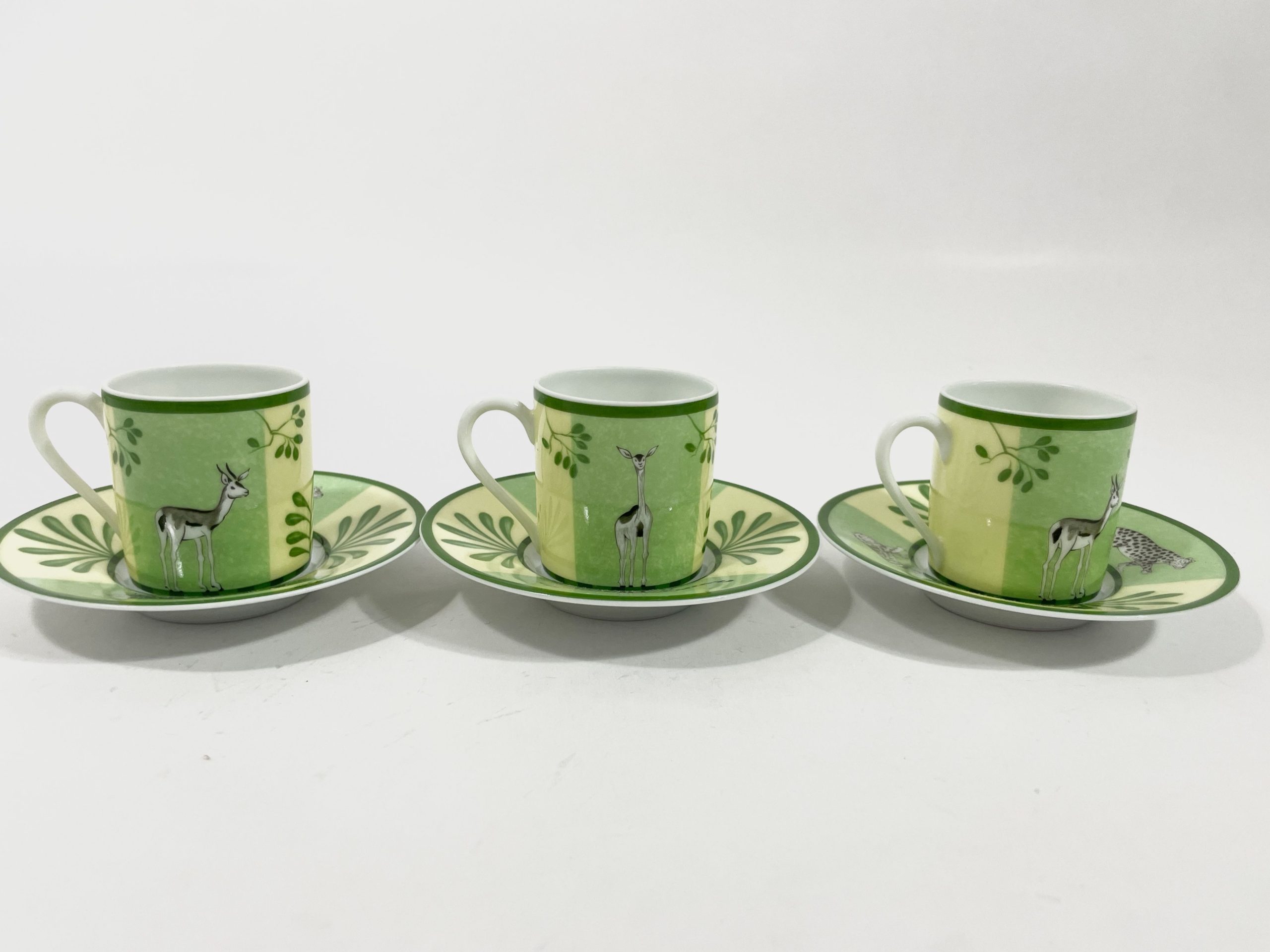 3x Hermes Africa Green Demitasse Espresso Coffee Cup and Saucer