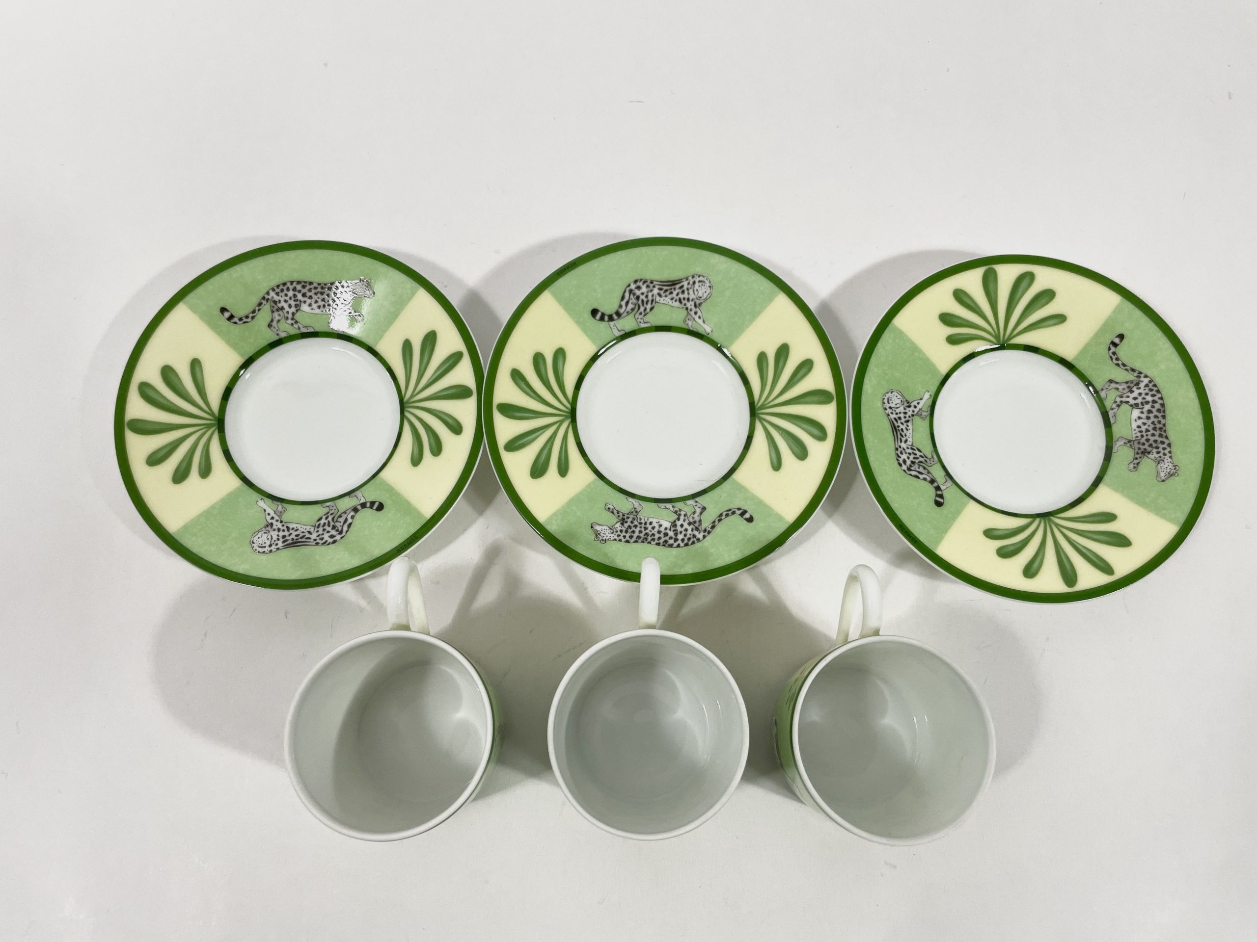 3x Hermes Africa Green Demitasse Espresso Coffee Cup and Saucer