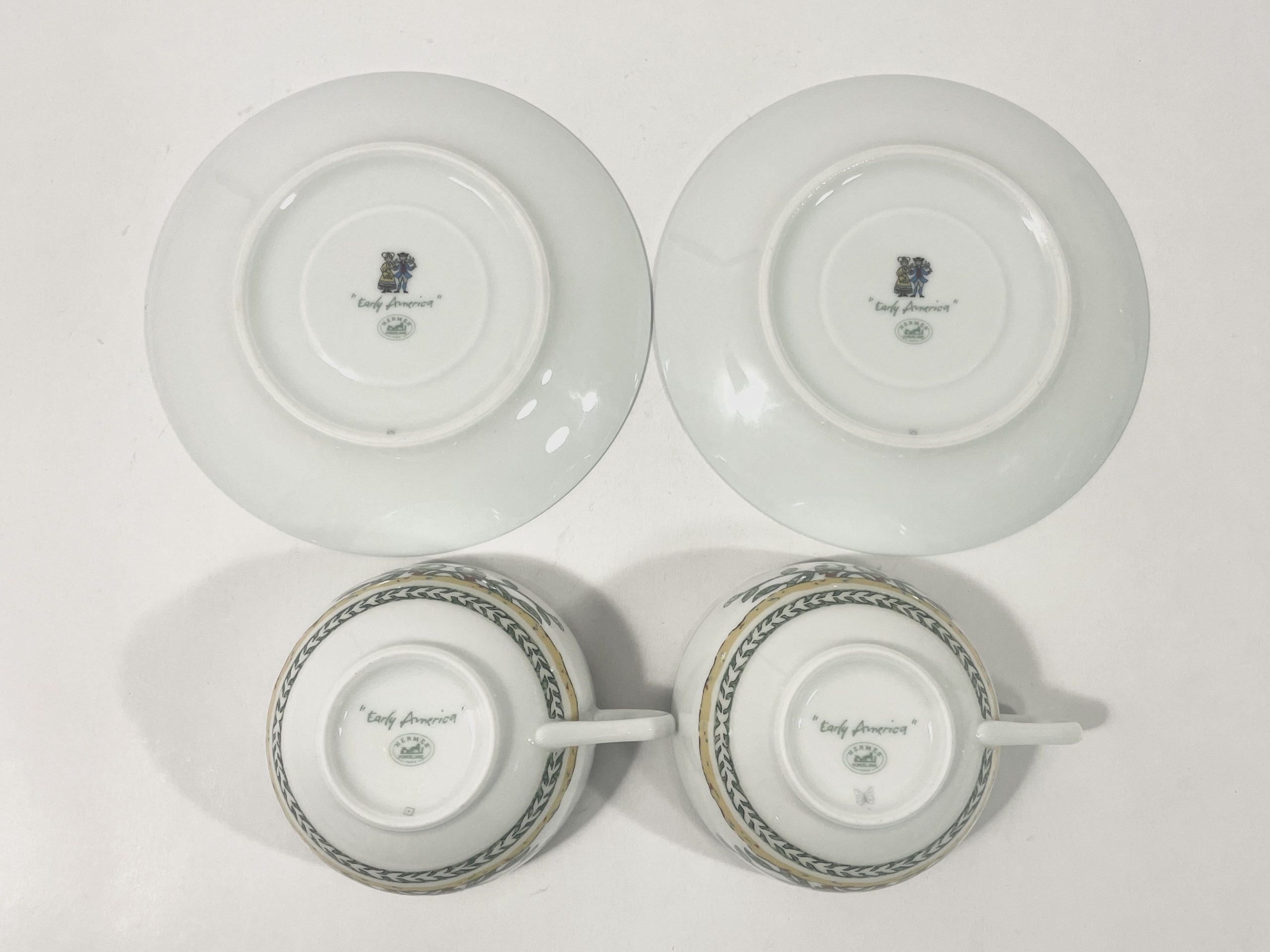 2x Hermes Early America Cups & Saucers Set