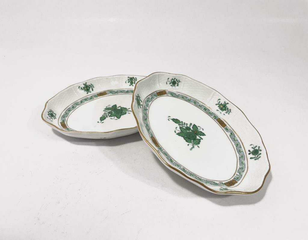 2x Herend Chinese Bouquet Green Oval 213 Bowls Serving Platters 20 cm 7,9 inch