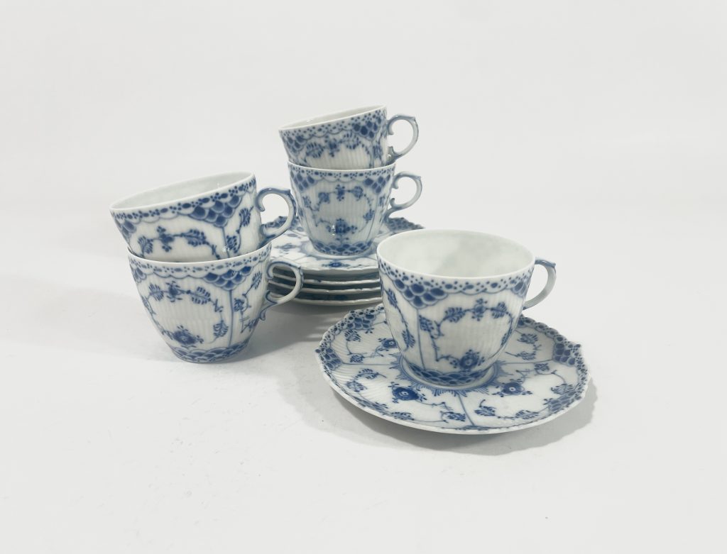 5x Royal Copenhagen Blue Fluted Full Lace 1035 Coffee Cups & Saucers Set 1xchip