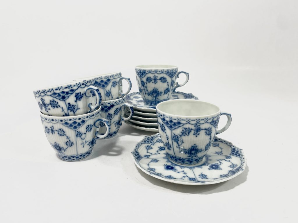 6x Royal Copenhagen Blue Fluted Full Lace 1035 Coffee Cups & Saucers Set