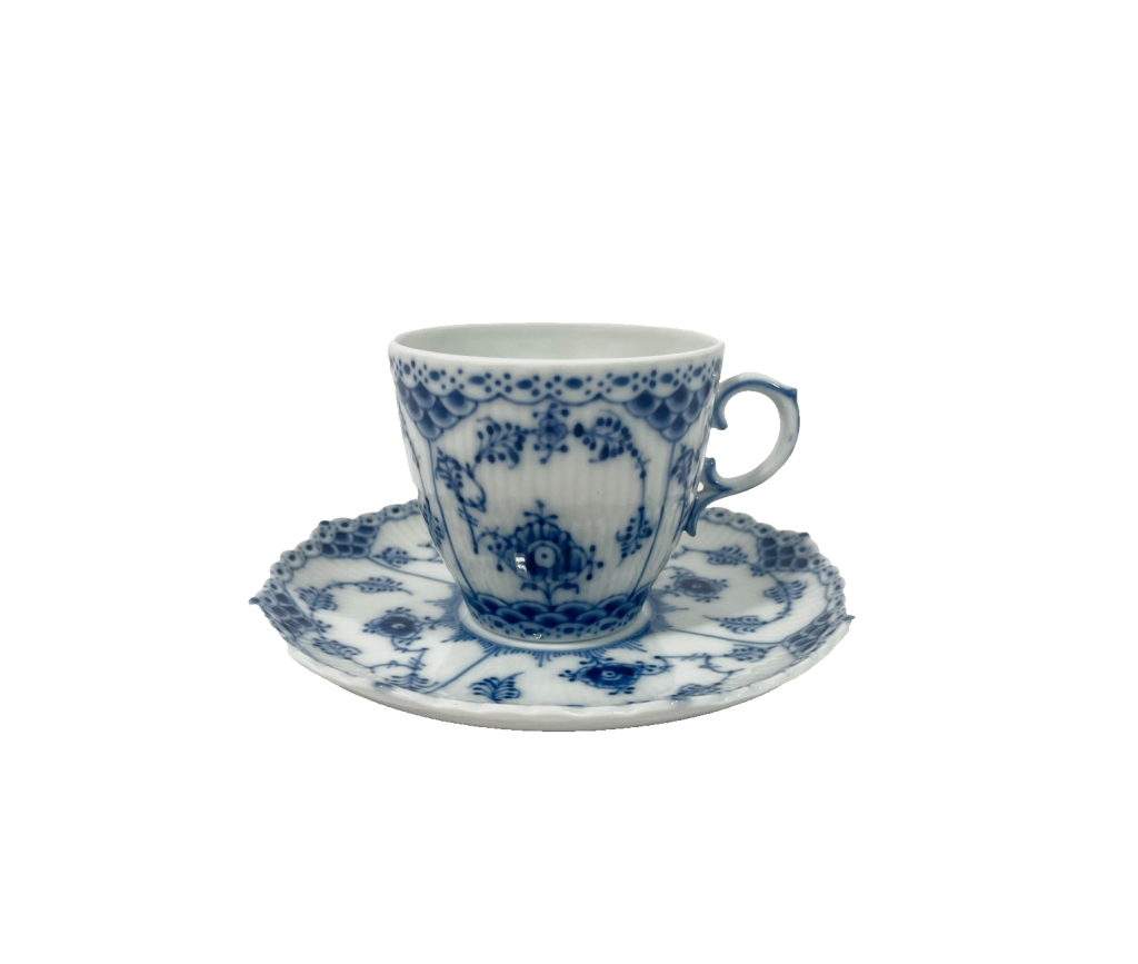 Royal Copenhagen Blue Fluted Full Lace 1035 Coffee Cups & Saucers Set