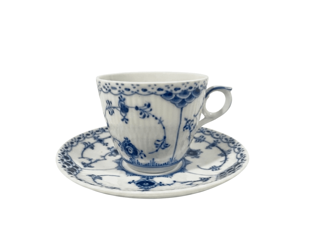 Royal Copenhagen Blue Fluted Half Lace 719 Coffee Cups & Saucers Set