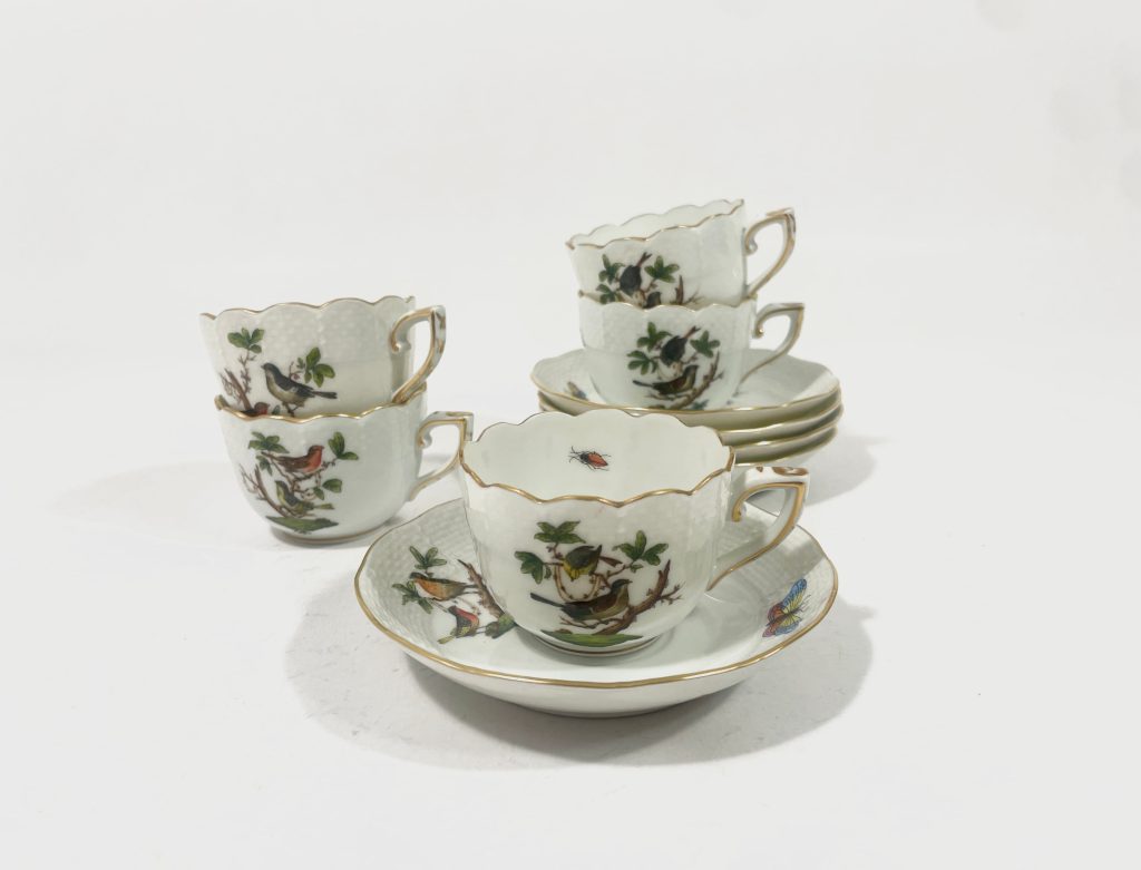 5x Herend Rothschild Bird 711 Demitasse Coffee Cup and Saucer Old 1930s