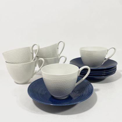 6x Rorstrand (Rörstrand) Blue Fire Tea Cups & Saucers With Dessert Plates
